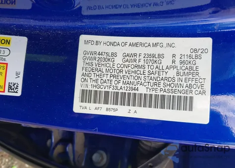 2020 Honda Accord Sport из США, поврежденный, VIN 1HGCV1F33LA123944